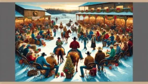 Chirstmas Rodeo - A vivid and detailed wide aspect illustration of 'The True Meaning of Christmas Rodeo'. The scene conveys a deeper sense of community and tr12