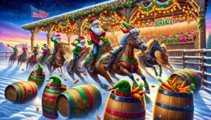 Chirstmas Rodeo A vivid and detailed wide aspect illustration of a festive event titled 'Christmas Rodeo Barrel Racing Bonanza'. The scene depicts horses r3