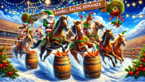 Chirstmas Rodeo A vivid and detailed wide aspect illustration of a festive event titled 'Christmas Rodeo Barrel Racing Bonanza'. The scene depicts horses r4