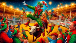 Chirstmas Rodeo A vivid and detailed wide aspect illustration of a festive rodeo event titled 'Elf Clowns and Reindeer Riders'. The scene features rodeo clo9