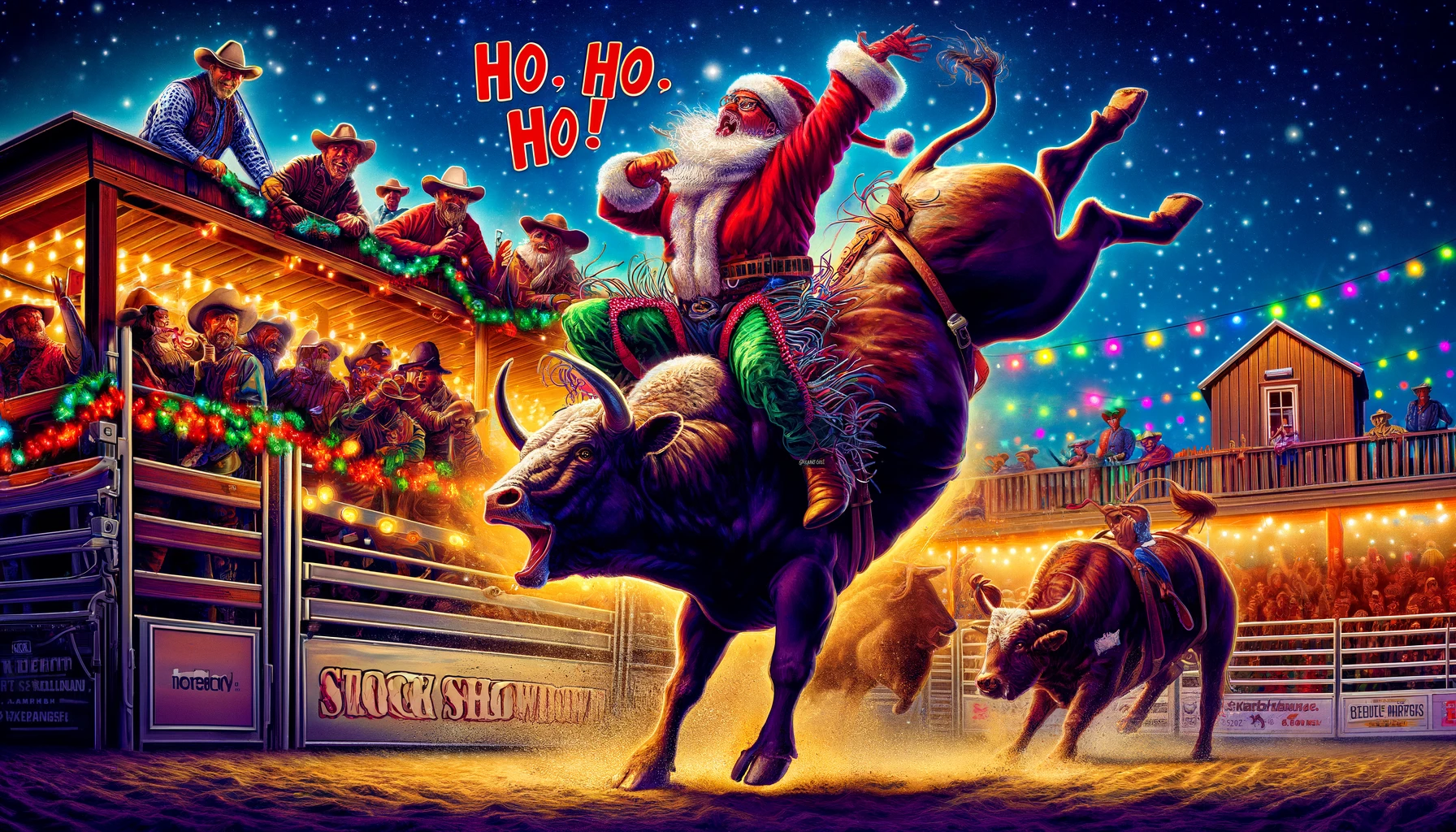 Chirstmas Rodeo A vivid and detailed wide aspect illustration of a festive rodeo event titled 'Stock Showdown'. The scene depicts bulls bucking energeticall5