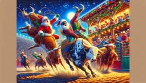 Chirstmas Rodeo A vivid and detailed wide aspect illustration of a festive rodeo event titled 'Stock Showdown'. The scene depicts bulls bucking energeticall6