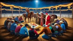 Chirstmas Rodeo - A vivid and detailed wide aspect illustration of a touching scene at the end of a Christmas rodeo. The image depicts cowboys, including one 14
