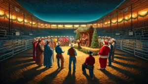 Chirstmas Rodeo - A vivid and detailed wide aspect illustration of a touching scene at the end of a Christmas rodeo. The image depicts cowboys, including one 14