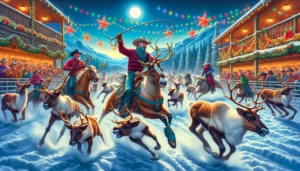 Chirstmas Rodeo A vivid and detailed wide aspect illustration of a unique event titled 'Christmas Rodeo The Reindeer Roundup'. The scene depicts cowboys, d1