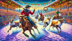 Chirstmas Rodeo A vivid and detailed wide aspect illustration of a unique event titled 'Christmas Rodeo The Reindeer Roundup'. The scene depicts cowboys, d2