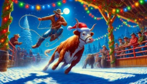 Chirstmas Rodeo A vivid and detailed wide aspect illustration of a unique holiday event titled 'Calf Roping Christmas Dinner'. The scene depicts a cowboy we7