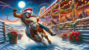 Chirstmas Rodeo A vivid and detailed wide aspect illustration of a unique holiday event titled 'Calf Roping Christmas Dinner'. The scene depicts a cowboy we8
